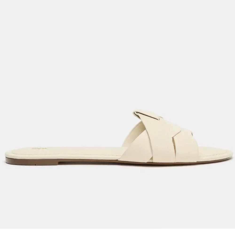 Zara Leather Crossed Strap Flat Sandals Womens 42 11 Off White  Slide - Picture 3 of 12